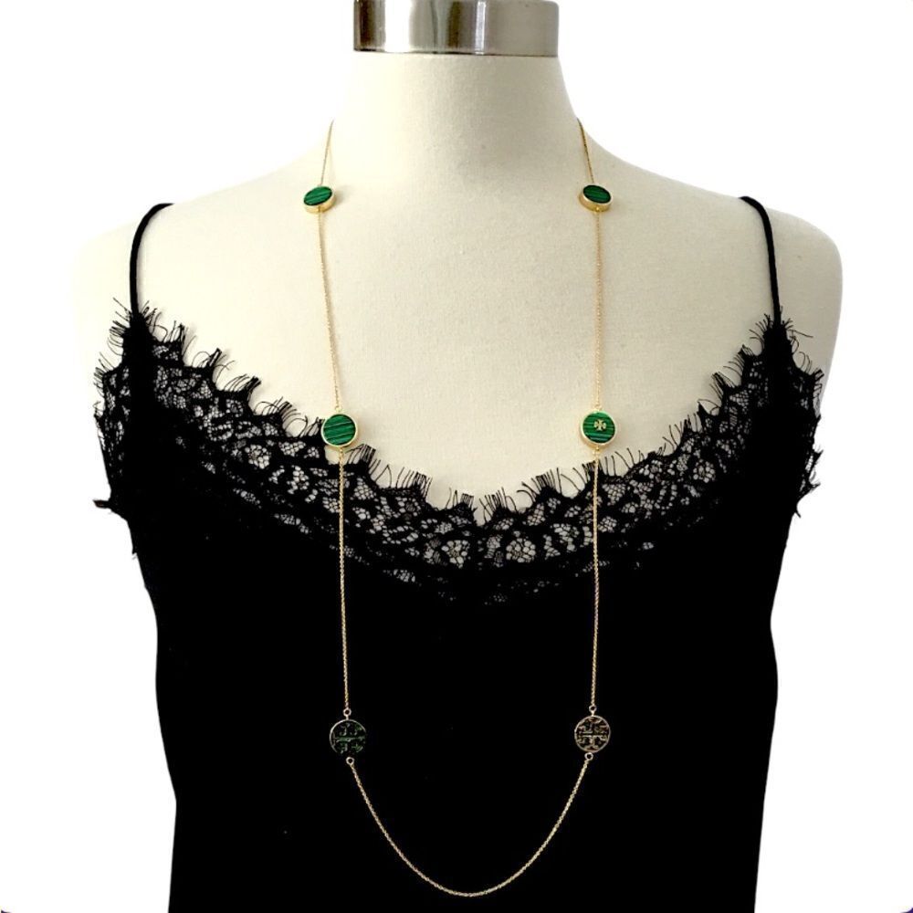 TORY BURCH DOUBLE T LOGO / MALACHITE NECKLACE